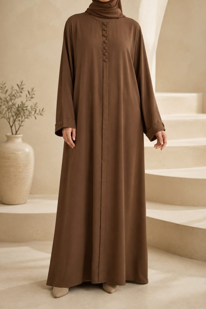 Brown button maxi abaya front view with decorative button placket
