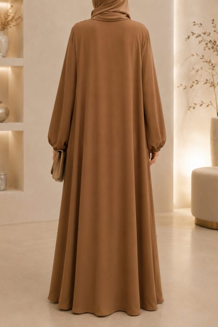 Camel brown tassel abaya back view with matching hijab and gathered sleeves