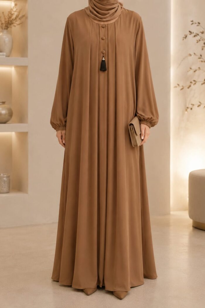 Camel brown tassel abaya front view with decorative buttons and tassel detail