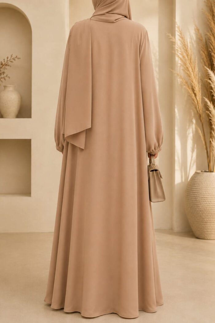 Camel brown zoom tassel abaya back view with matching hijab and gathered sleeves