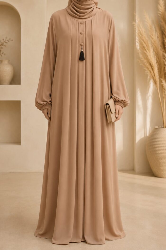 Camel brown zoom tassel abaya front view with decorative buttons and tassel detail
