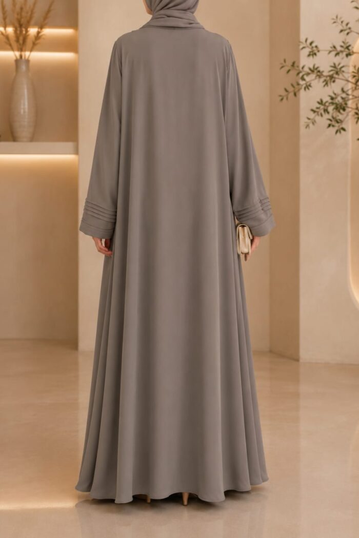 Cashmere silver plates stone abaya back view with matching hijab and pleated cuffs