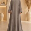 Cashmere silver plates stone abaya front view with vertical pleated plates