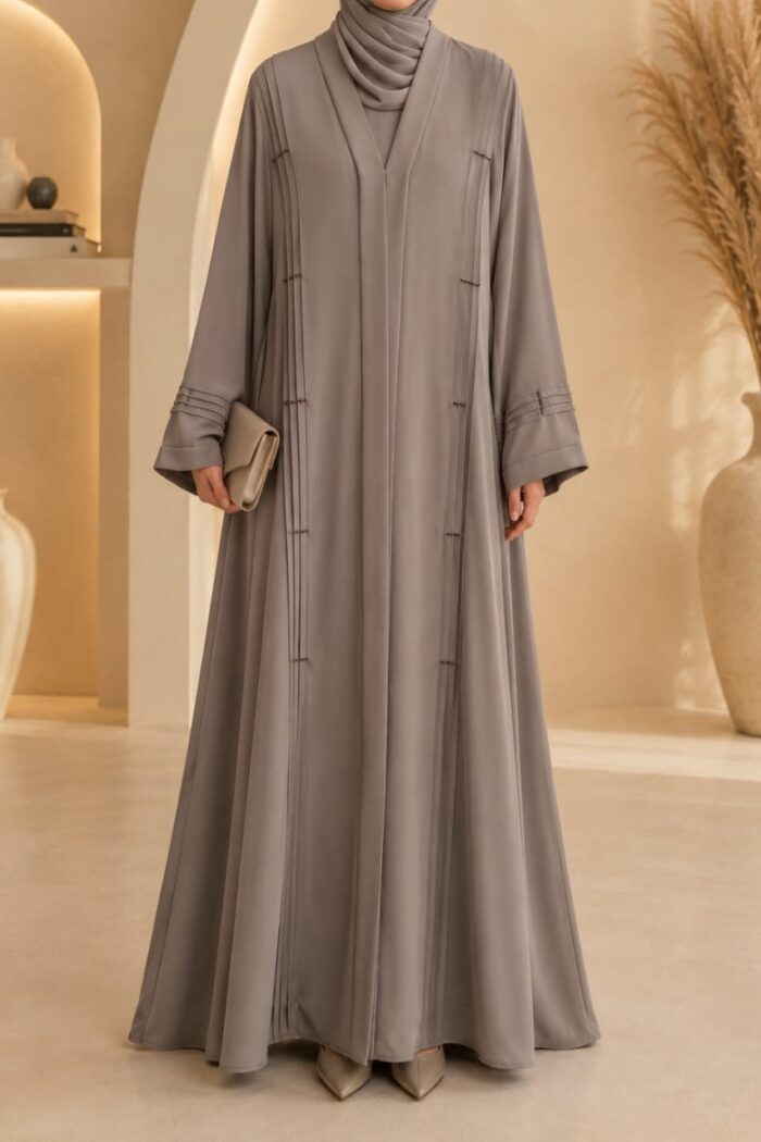 Cashmere silver plates stone abaya front view with vertical pleated plates