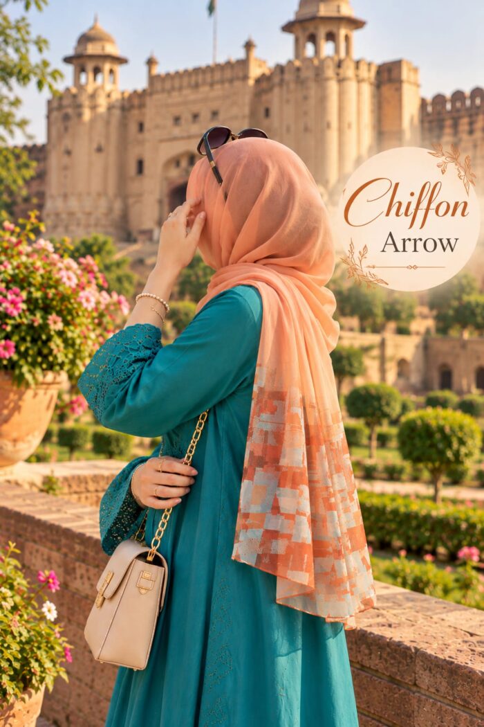 Chiffon Arrow Stoler in Orange draped as a hijab