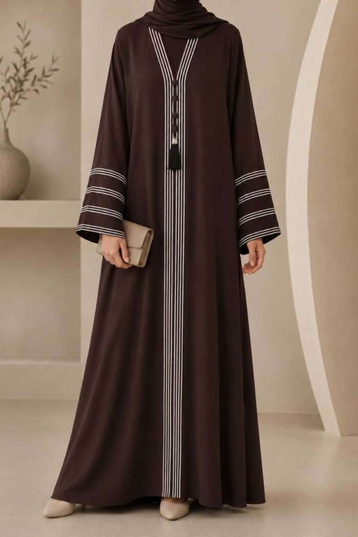 Dark brown dori embroidered abaya with tassel closure - front view