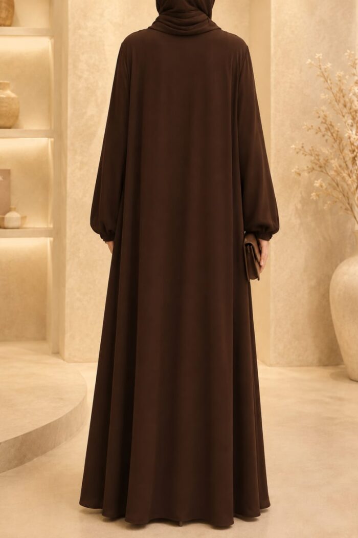 Dark brown zoom tassel abaya back view with matching hijab and gathered sleeves