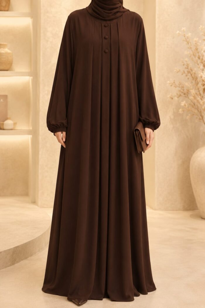 Dark brown zoom tassel abaya front view with decorative buttons and tassel detail