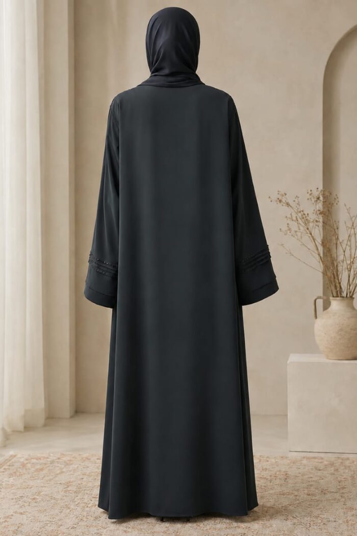 Dark greenish grey stone embellished juba abaya with cuff detail - back view