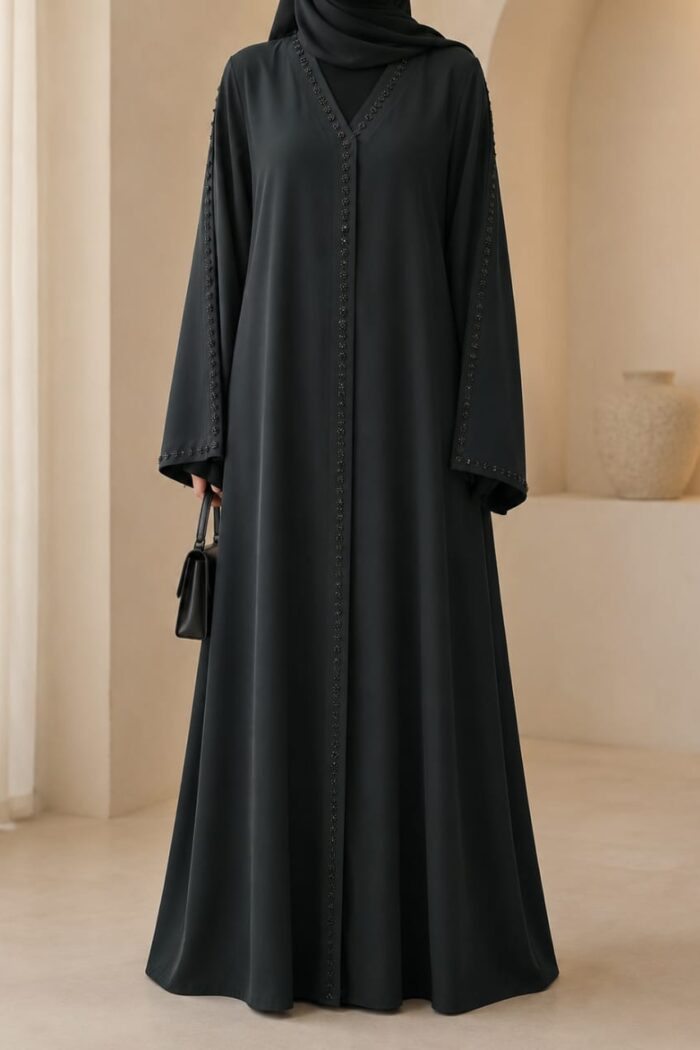 Dark greenish grey stone embellished juba abaya - front view