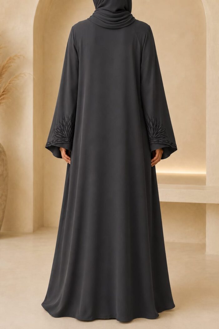 Dark grey front open abaya with embroidered cuffs - back view