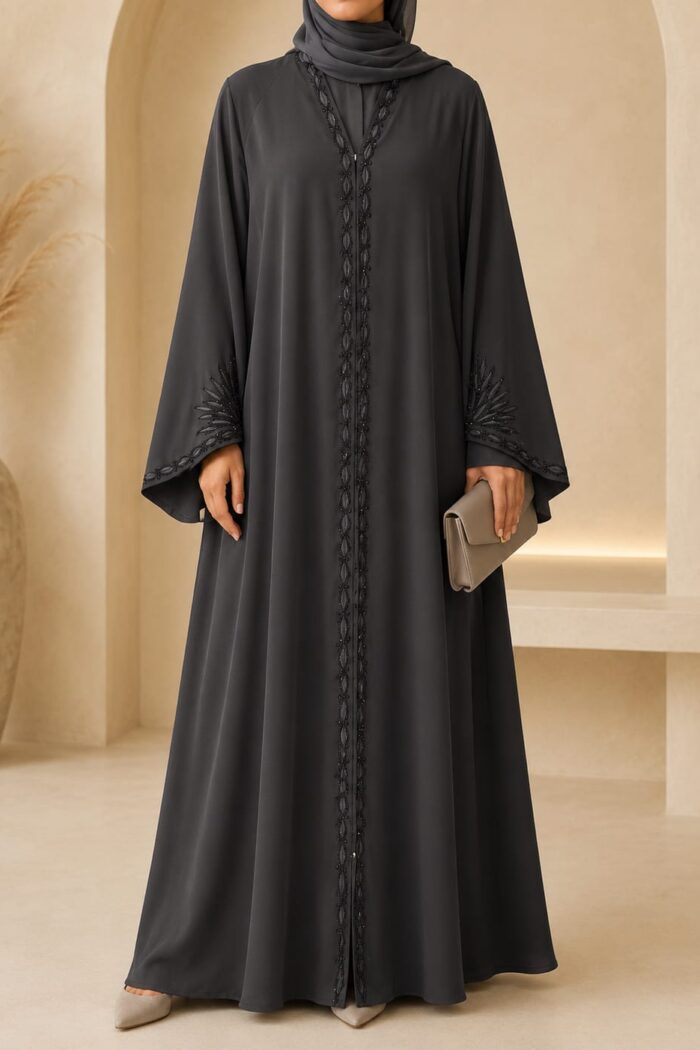 Dark grey front open abaya with embroidered placket and cuffs - front view