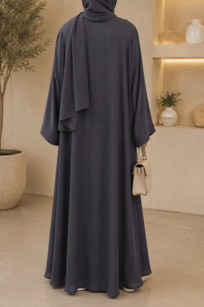 Dark grey lining abaya back view with matching hijab and cuffed sleeves