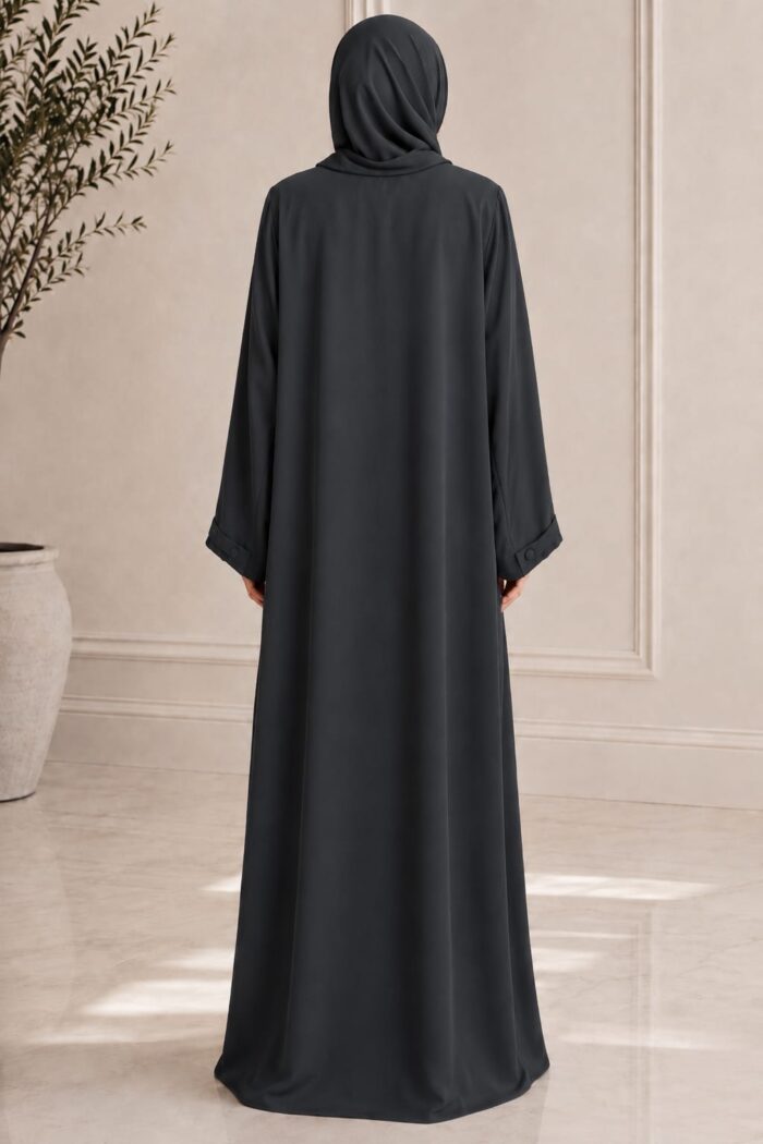 Dark grey button maxi abaya back view with matching hijab and cuff button detail