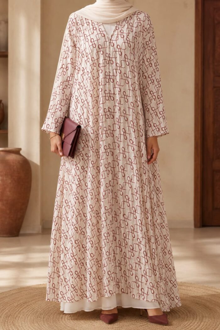 Falcon Printed Pearl Abaya in maroon, front view with geometric print and open front styling
