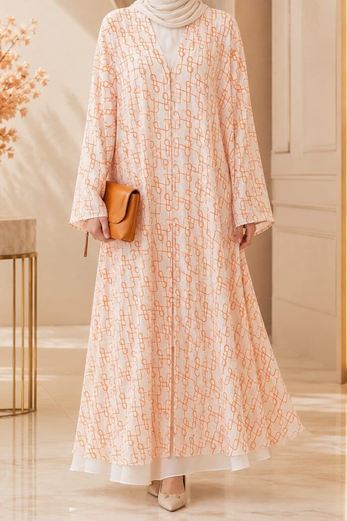 Falcon Printed Pearl Abaya in orange, front view with geometric print and open front styling