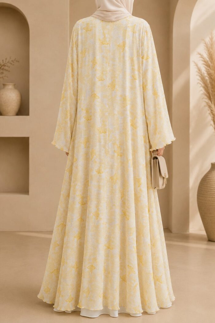 Falcon Printed Pearl Abaya in yellow, back view showing layered floral print and ruffled cuffs