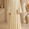 Falcon Printed Pearl Abaya in yellow, front view with floral print and pearl button closure