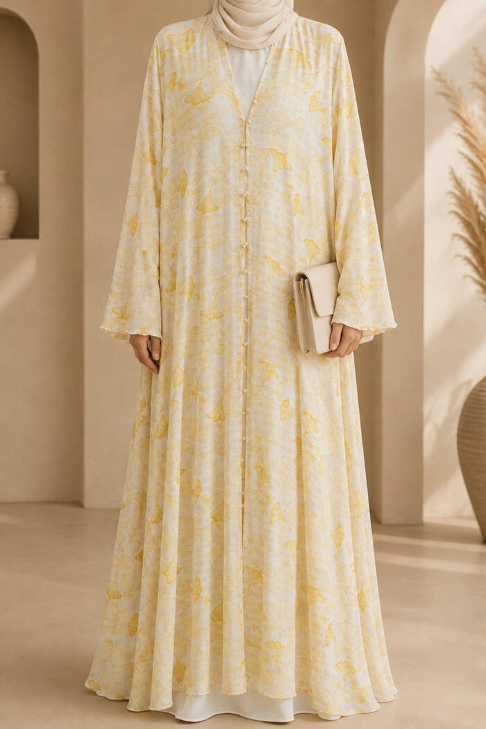 Falcon Printed Pearl Abaya in yellow, front view with floral print and pearl button closure