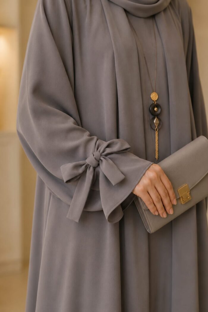 Double patti ajwa abaya cuff bow flower detail in grey