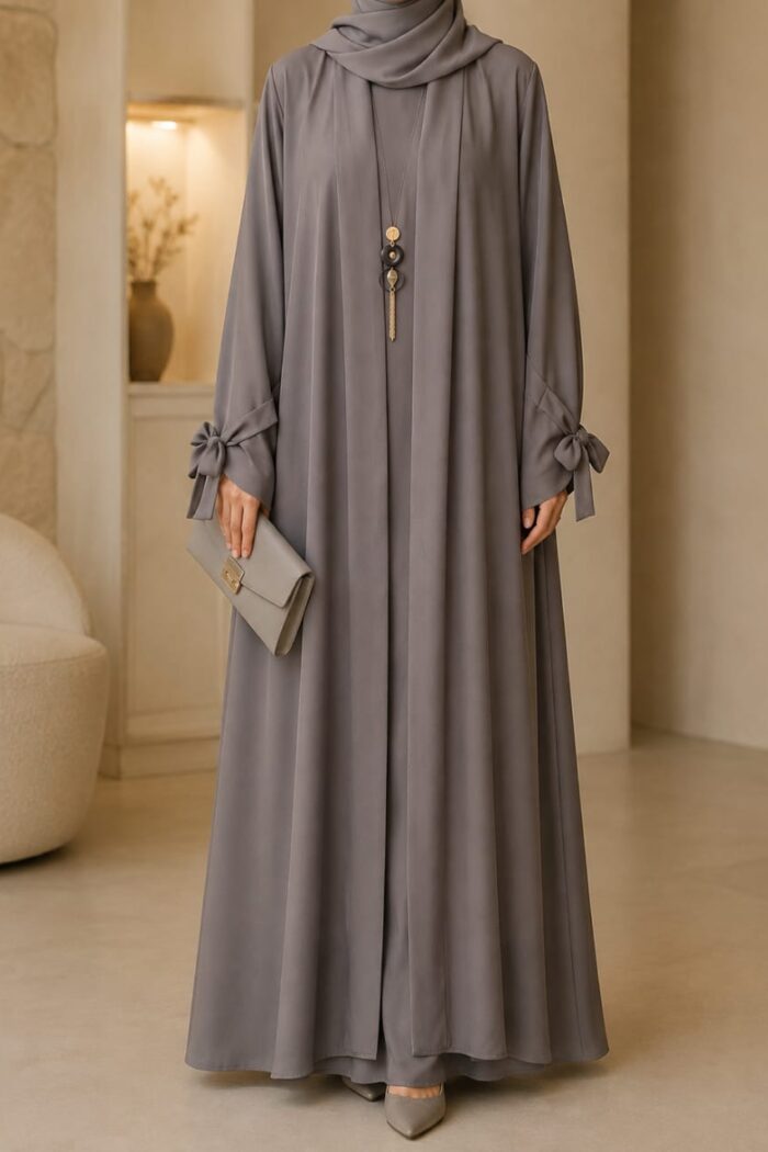 Double patti ajwa abaya in grey with medallion pendant - front view