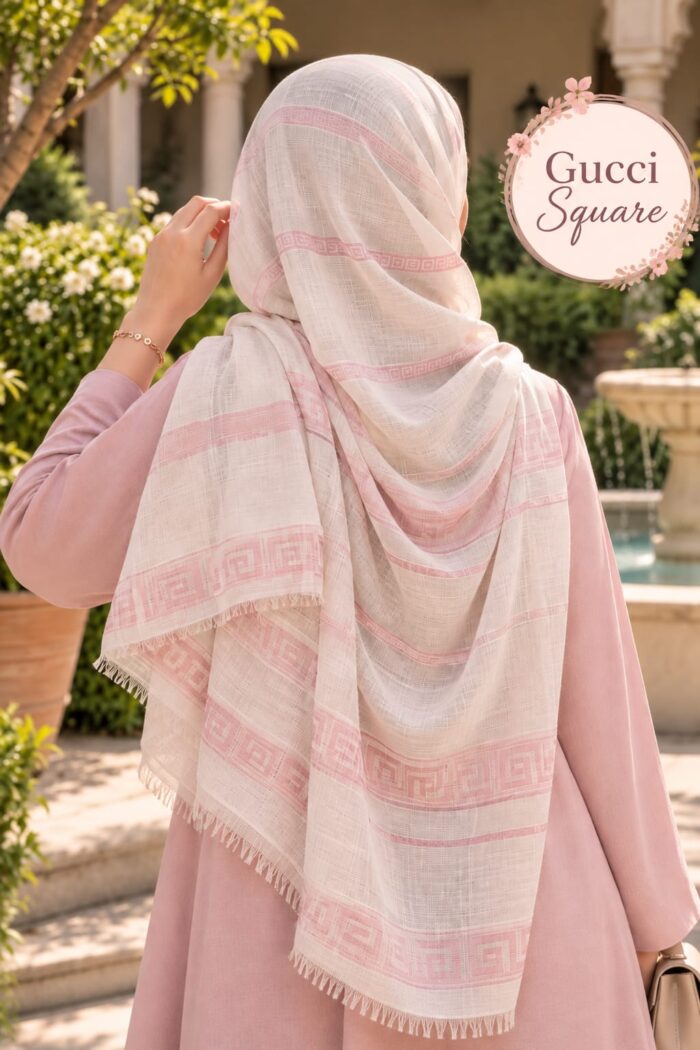 Gucci Square Cotton Stoler in Light Pink draped as a hijab