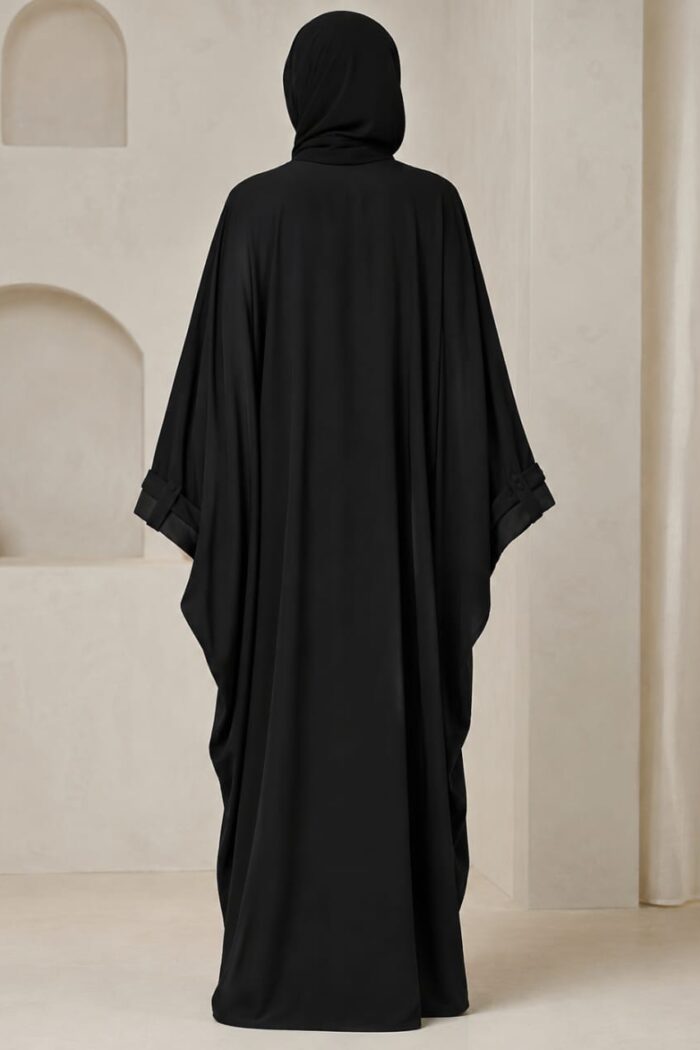 Kaftan bagi abaya in black with cuff button detail - back view
