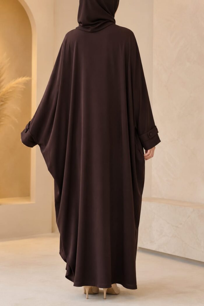 Kaftan bagi abaya in brown with cuff button detail - back view
