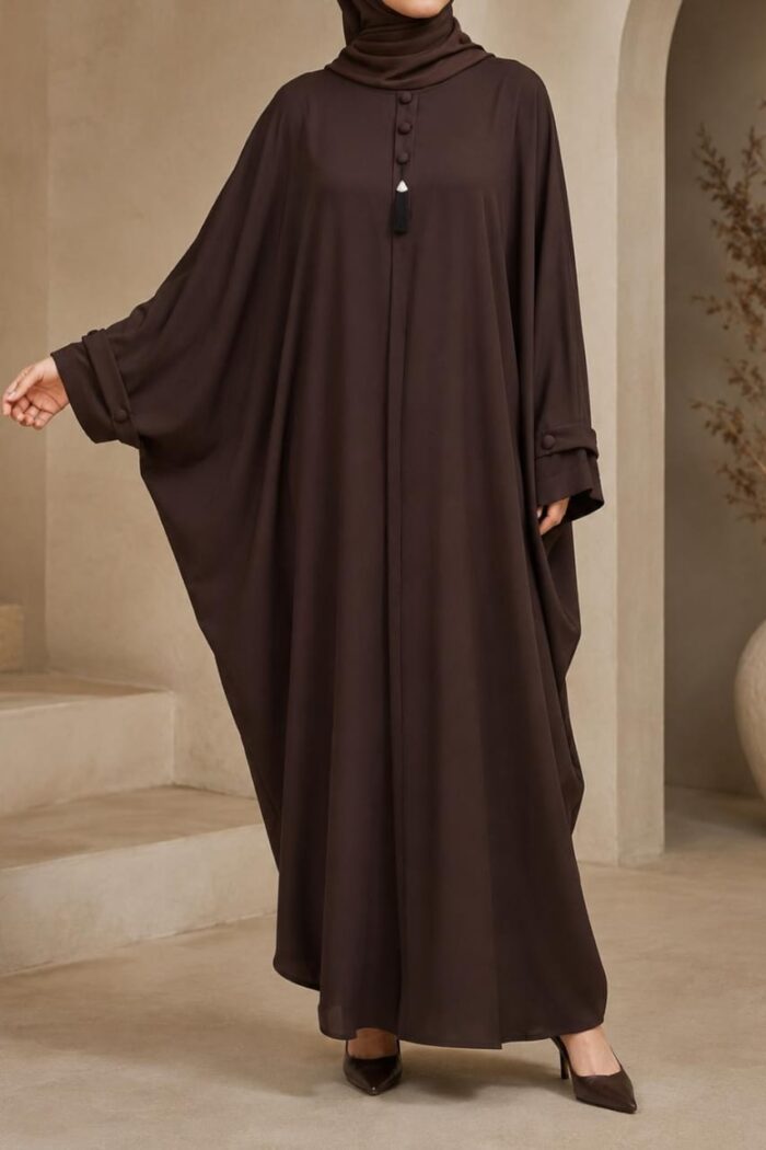 Kaftan bagi abaya in brown with tassel neckline - front view