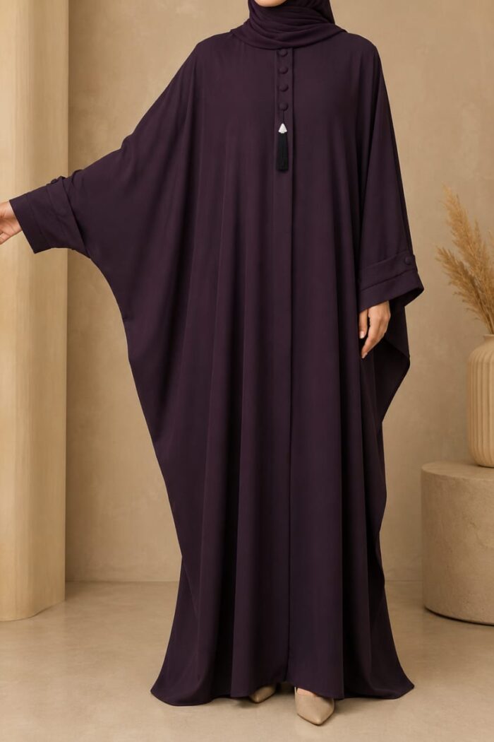 Kaftan bagi abaya in purple with tassel neckline - front view