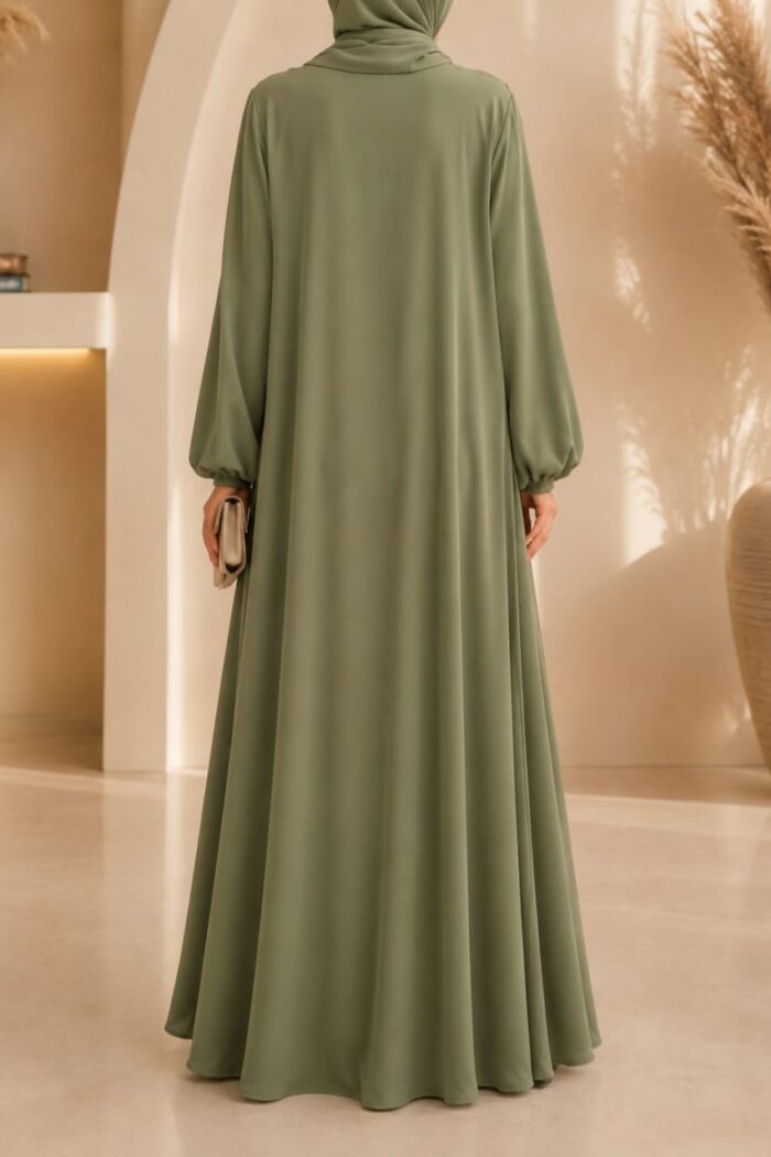Lake green zoom tassel abaya back view with matching hijab and gathered sleeves