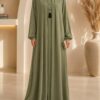 Lake green zoom tassel abaya front view with decorative buttons and tassel detail