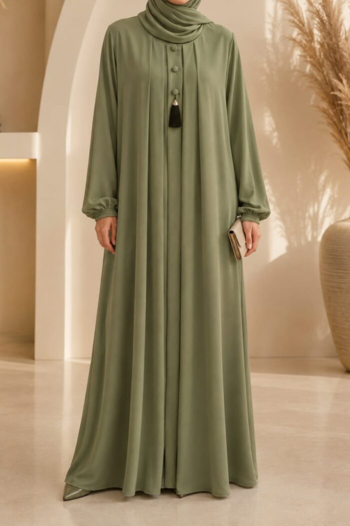 Lake green zoom tassel abaya front view with decorative buttons and tassel detail
