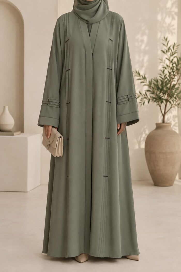 Lake green plates stone abaya front view with vertical pleated plates