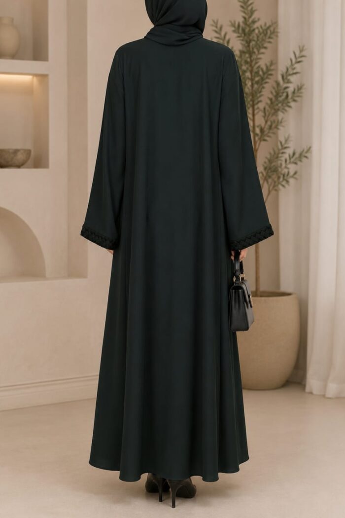 Lase arabian juba abaya in black with braided cuff detail - back view