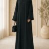 Lase arabian juba abaya in black with braided front placket - front view