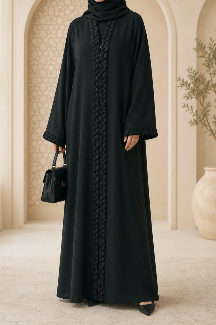 Lase arabian juba abaya in black with braided front placket - front view