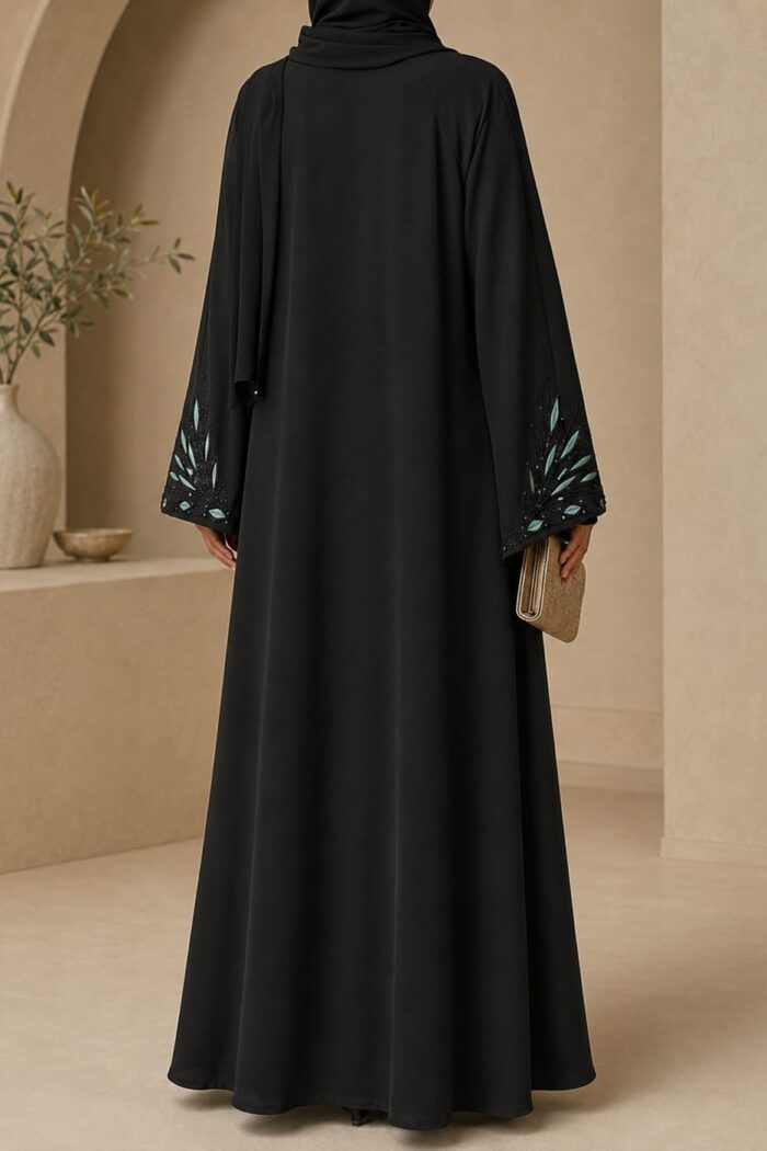 Lase karahi stone frock in black with mint leaf cuff embroidery - back view