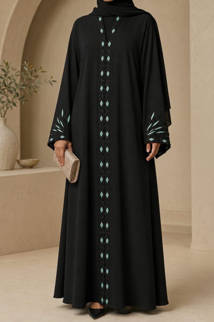 Lase karahi stone frock in black with mint front placket embroidery - front view