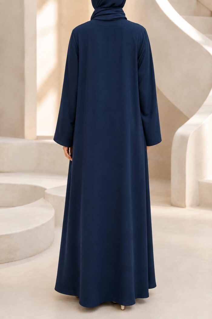 Light blue button maxi abaya back view with matching hijab and cuff button detail