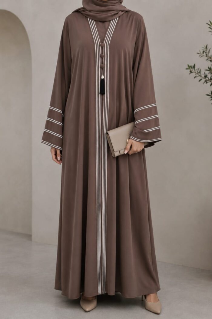 Light brown dori embroidered abaya with tassel closure - front view