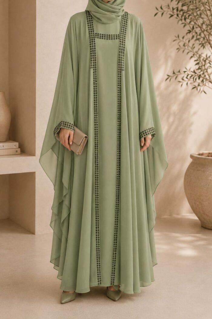 Haleema sultan abaya in light green with stone cuff detail - front view