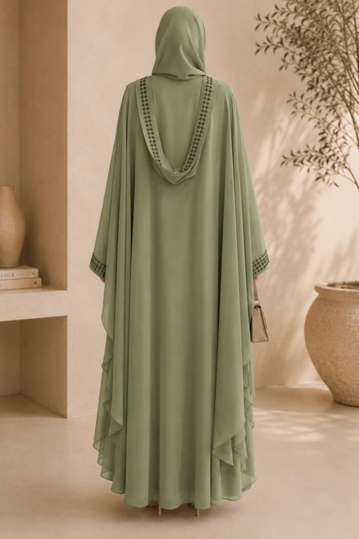 Haleema sultan abaya in light green with hooded cape - back view