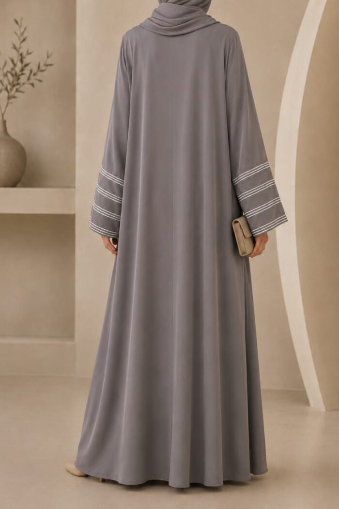 Light grey dori embroidered abaya with striped cuffs - back view