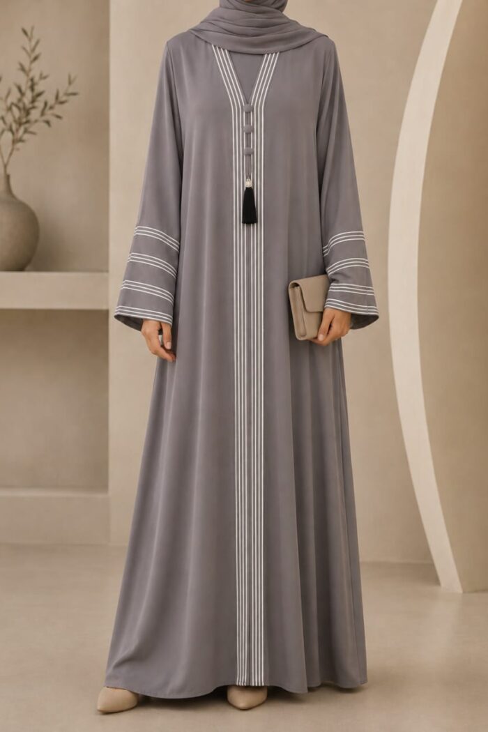 Light grey dori embroidered abaya with tassel closure - front view