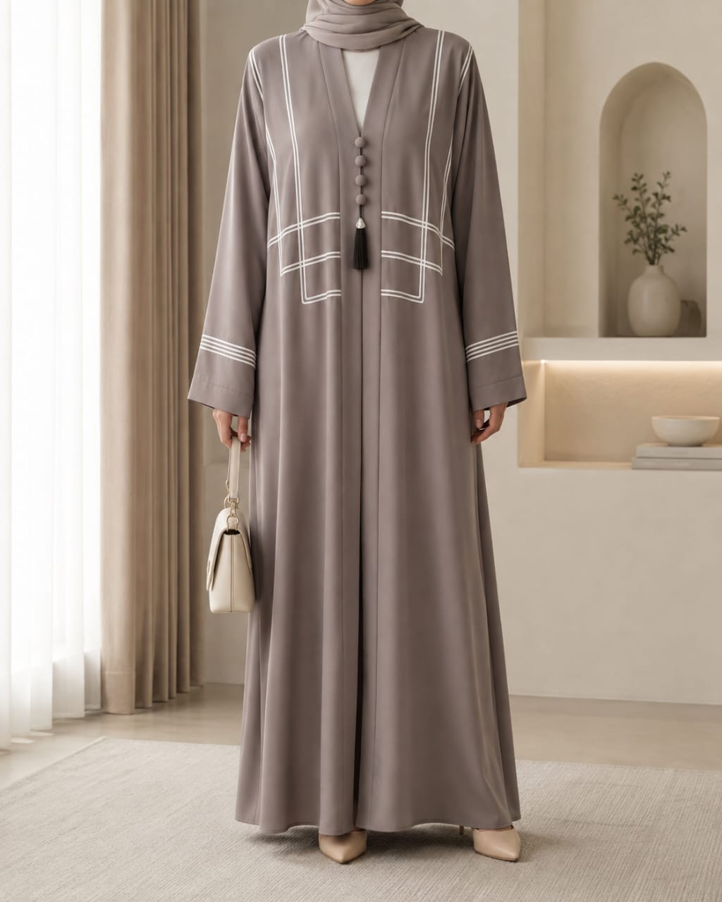 Light grey dori embroidered tasal gown with geometric chest panel - front view