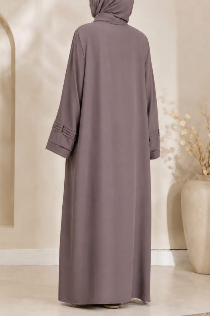 Light grey plates stone abaya back view with matching hijab and pleated cuffs