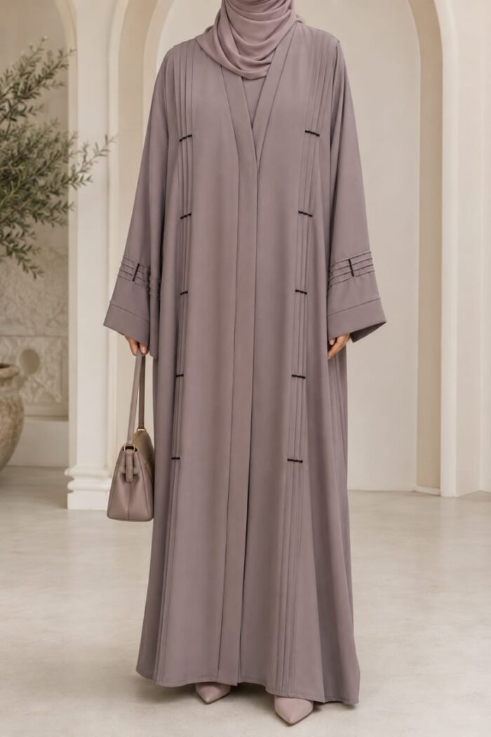 Light grey plates stone abaya front view with vertical pleated plates