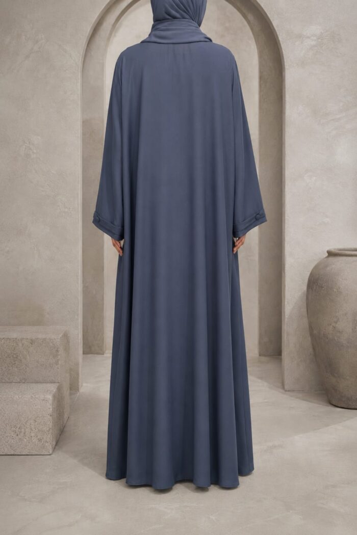 Light grey button maxi abaya back view with matching hijab and cuff button detail