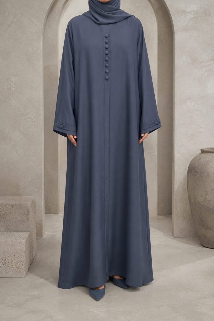 Light grey button maxi abaya front view with V-neck decorative button placket